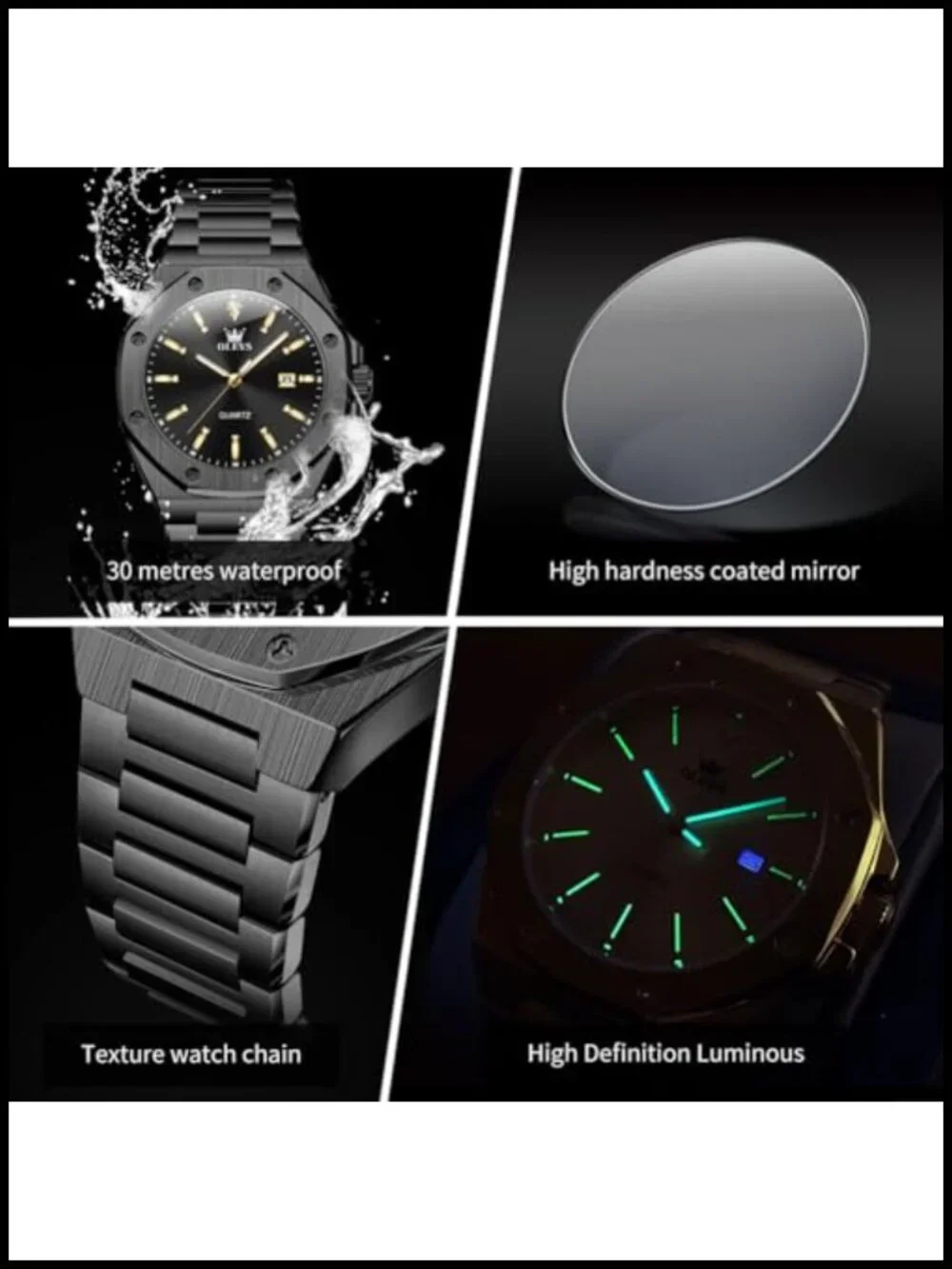 Mens Octagonal Quartz Dress Watch Stainless Steel Luminous Waterproof 42mm